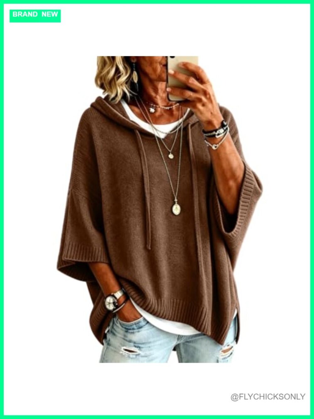 Oversized Hooded Knit Sweater 3/4 Batwing Sleeve Loose Fit Pullover